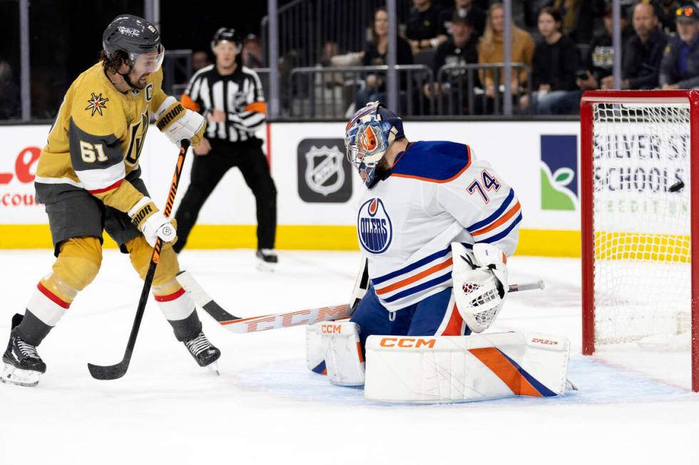 Golden Knights right wing Mark Stone (61) scores on Edmonton Oilers goaltender Stuart Skinner ( ...