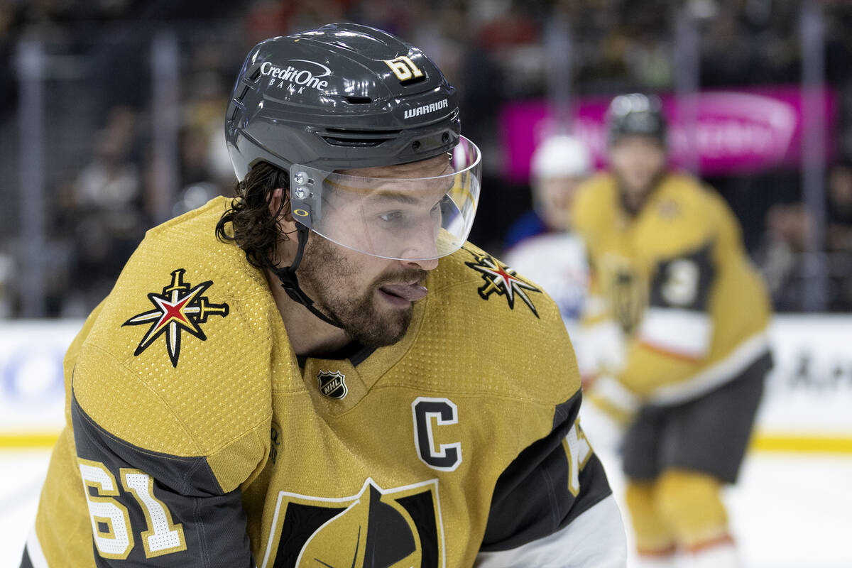 Golden Knights right wing Mark Stone (61) watches the puck during the second period in Game 1 o ...