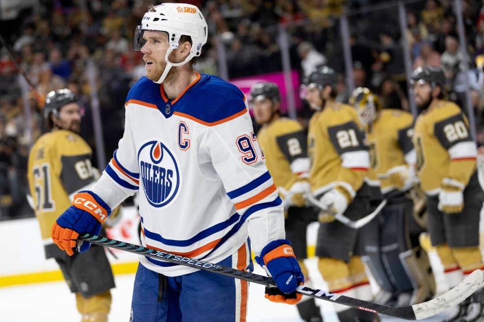 Edmonton Oilers center Connor McDavid (97) skates for the bench after Golden Knights goaltender ...