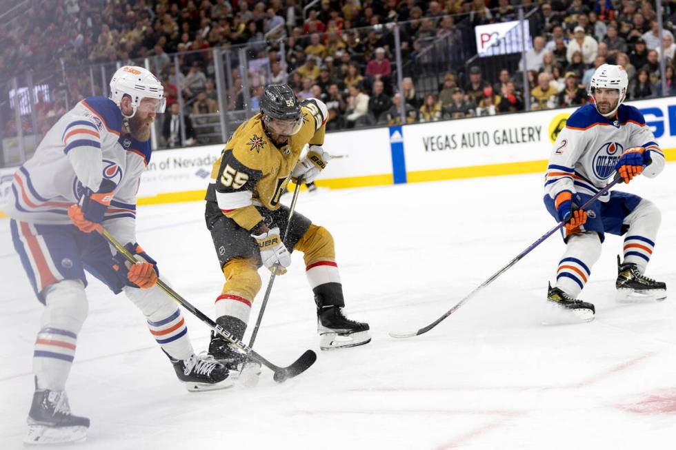 Golden Knights right wing Keegan Kolesar (55) skates to shoot against Edmonton Oilers defensema ...