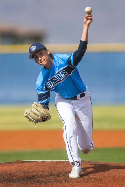 Centennial pitcher Carter Lindell (21) releases another throw against Bishop Gorman during the ...