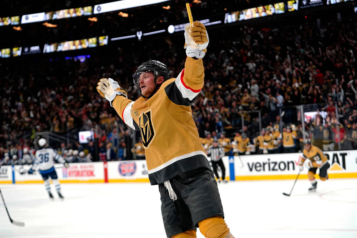 Vegas Golden Knights center Jack Eichel celebrates his goal against the Winnipeg Jets during Ga ...