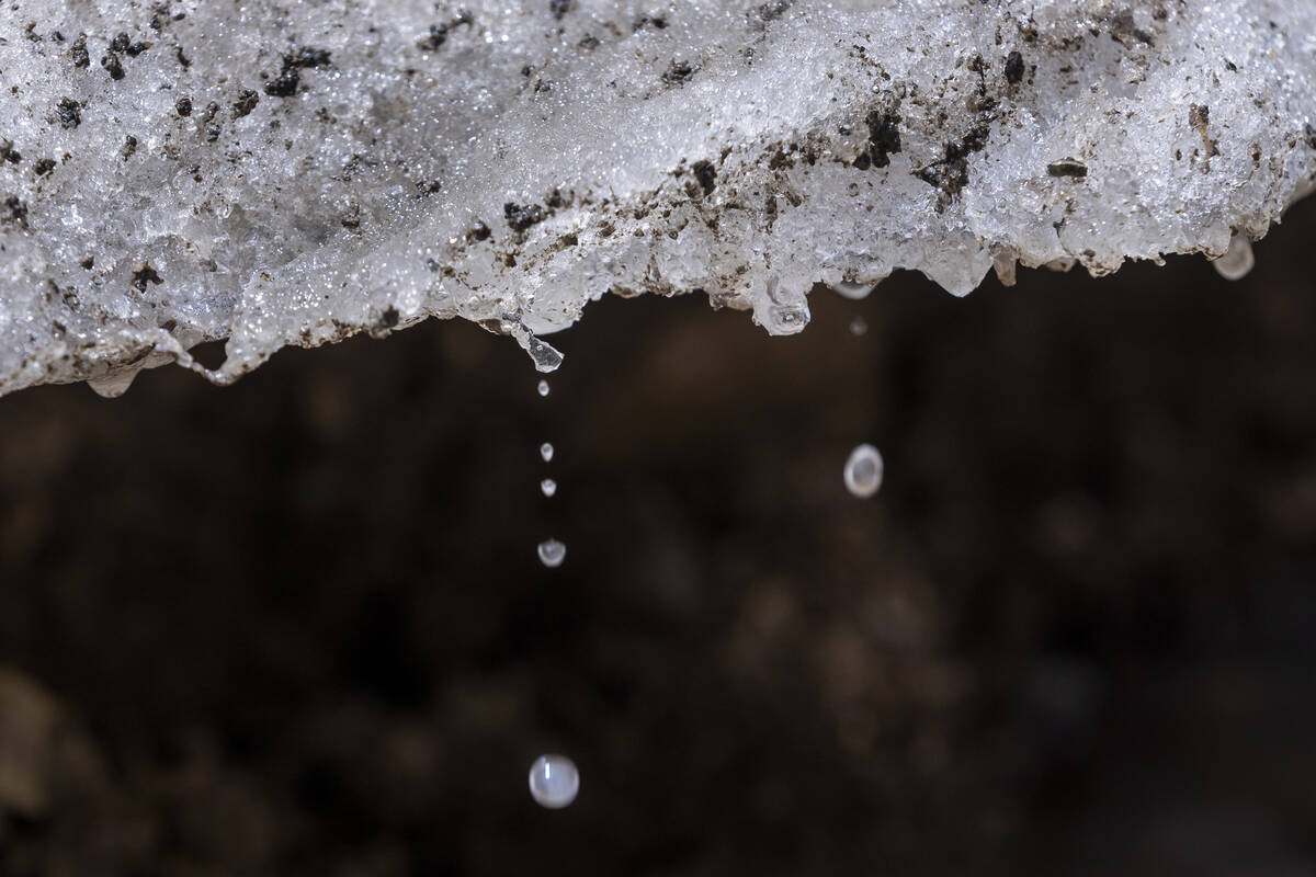 Snowmelt along Echo road within Kyle Canyon on Mount Charleston on April 13, 2023. (L.E. Baskow ...