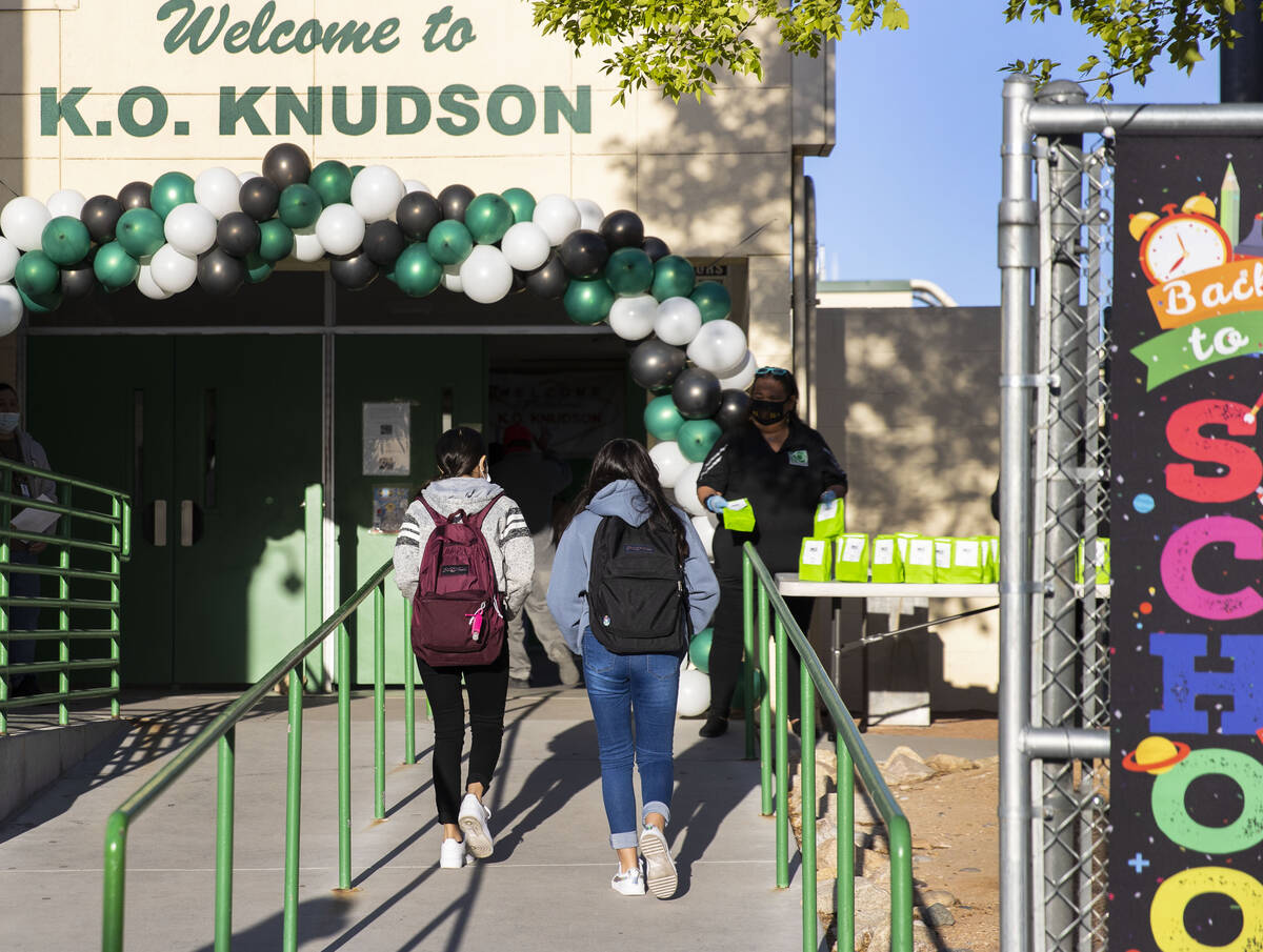 Students arrive at K.O. Knudson Academy of the Arts in March 2021 in Las Vegas. (Bizuayehu Tesf ...