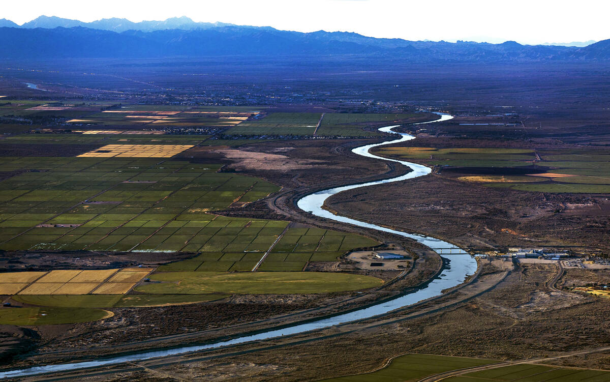 Bullhead City, left, and Laughlin farm fields are seen along the Colorado River on Jan. 28, 202 ...