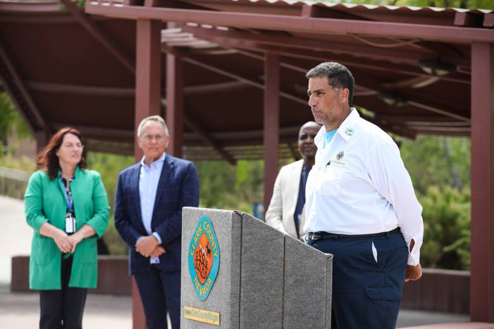 Christopher Bramley, vector control supervisor with the Department of Public Works, addresses m ...