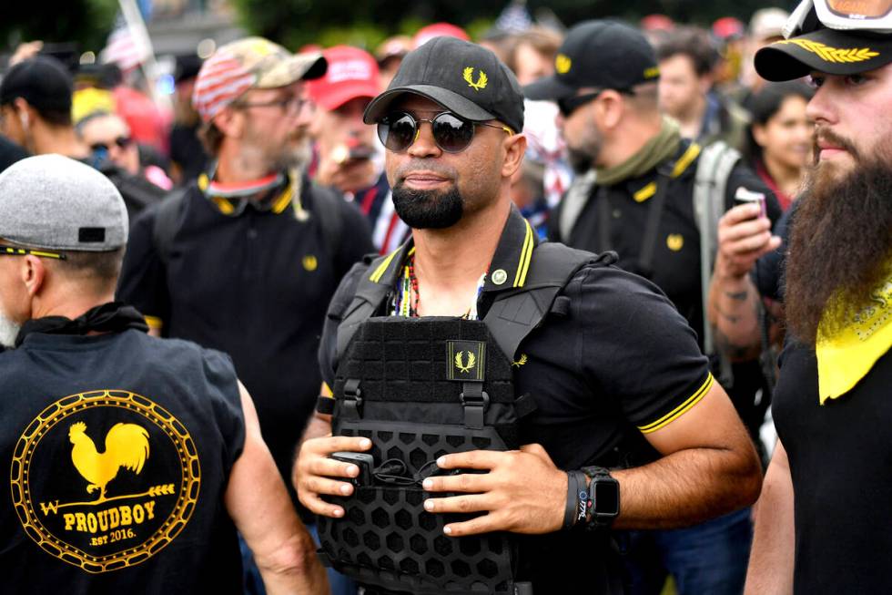 FILE - Proud Boys chairman Enrique Tarrio rallies in Portland, Ore., on Aug. 17, 2019. A feder ...