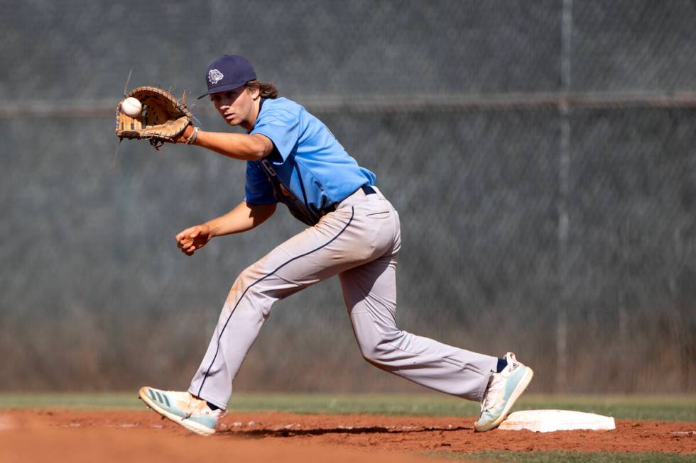 Centennial first baseman Carson Lee catches for an out on Green Valley during a high school bas ...