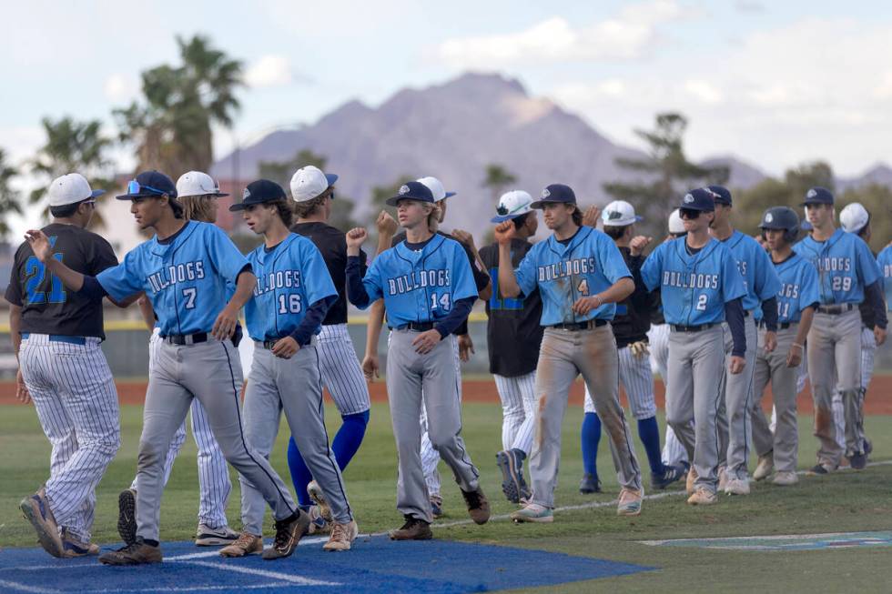 during a high school baseball game at Green Valley High School on Thursday, May 4, 2023, in Hen ...