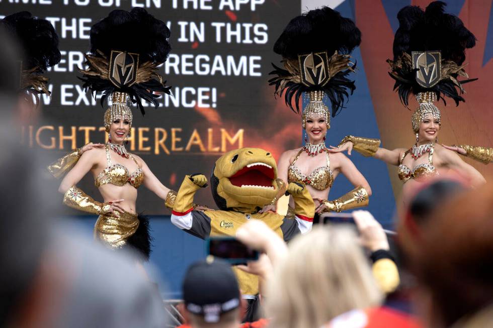 The Vegas Belles perform with Golden Knights mascot Chance before Game 2 of an NHL hockey Stanl ...