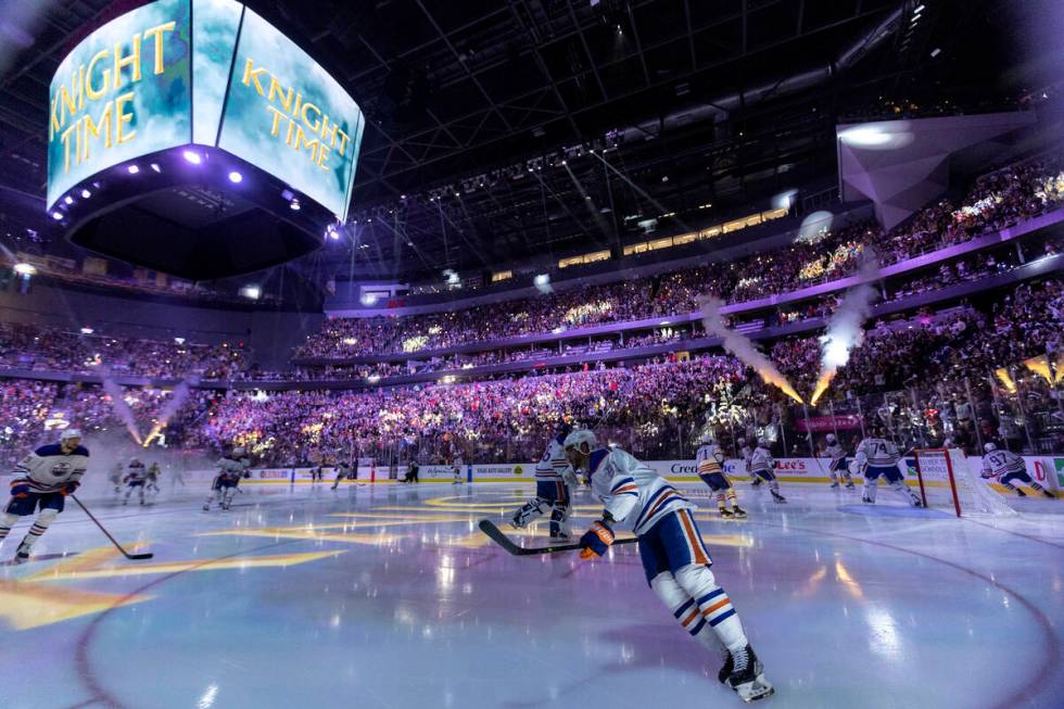 The Edmonton Oilers and the Golden Knights take the ice before Game 2 of their NHL hockey Stanl ...