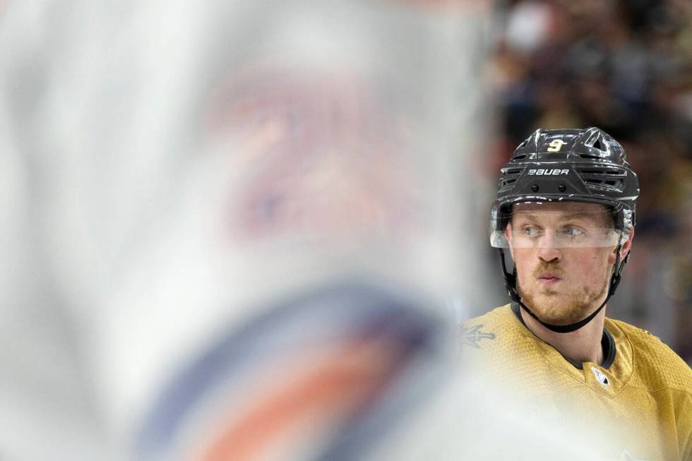 Golden Knights center Jack Eichel (9) prepares to face off while Edmonton Oilers center Leon Dr ...