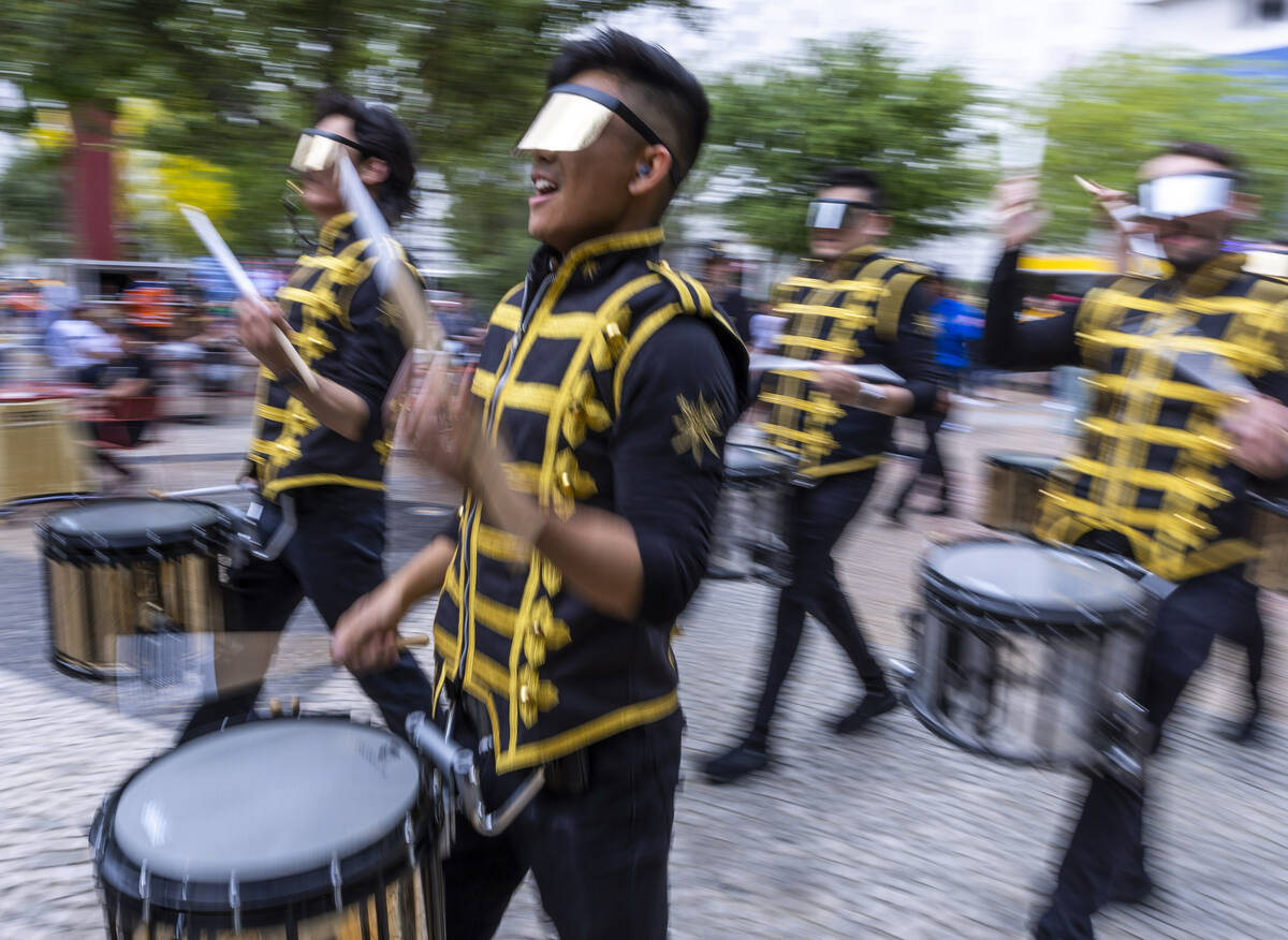 The Golden Knights Knight Line performs as part of the pregame parade outside before Game 2 of ...