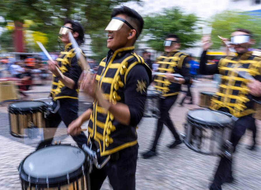 The Golden Knights Knight Line performs as part of the pregame parade outside before Game 2 of ...