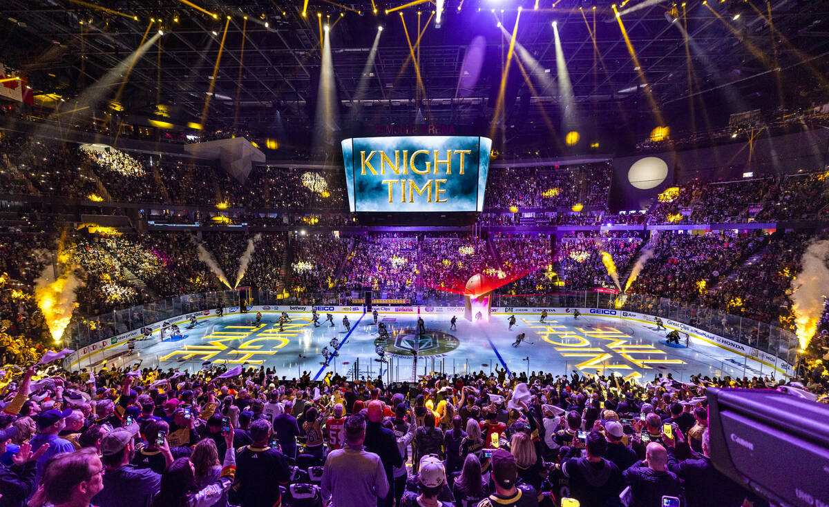 Players are introduced before the Golden Knights face the Edmonton Oilers in Game 2 of an NHL h ...