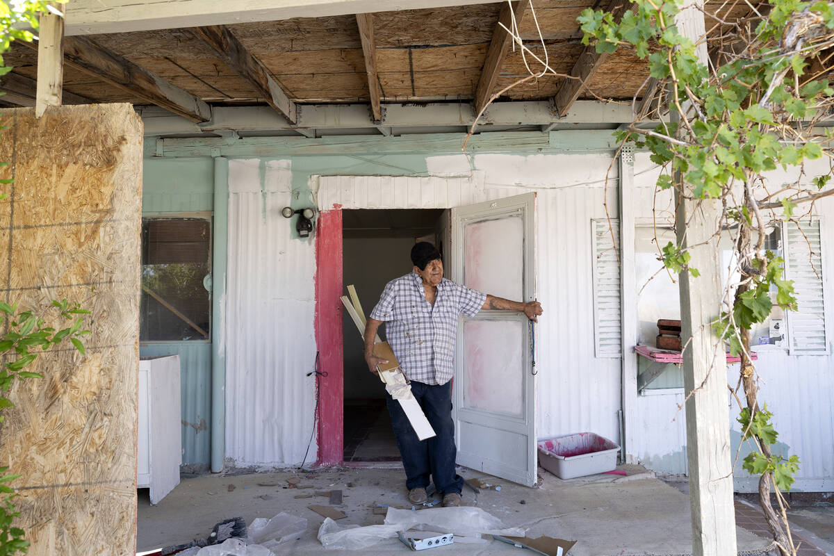 Oscar Anchondo works on his home in Lytle Ranch on Wednesday, May 10, 2023, in Moapa Valley. An ...
