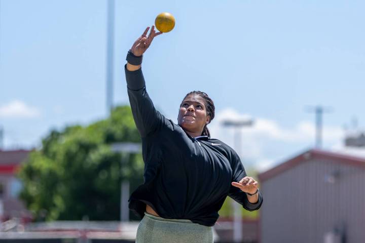 UNLV shot putter Rosa Santana throwing at Myron Partridge Stadium on Friday, May 5, 2023, in La ...