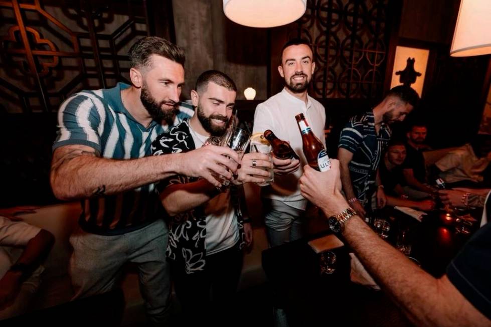 Members of the Wrexham soccer team are shown at Hakkasan Nightclub, celebrating their promotion ...