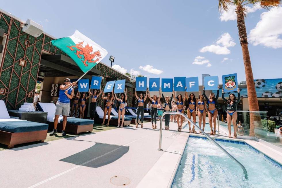 Members of the Wrexham soccer team are shown at Wet Republic at MGM Grand, celebrating their pr ...