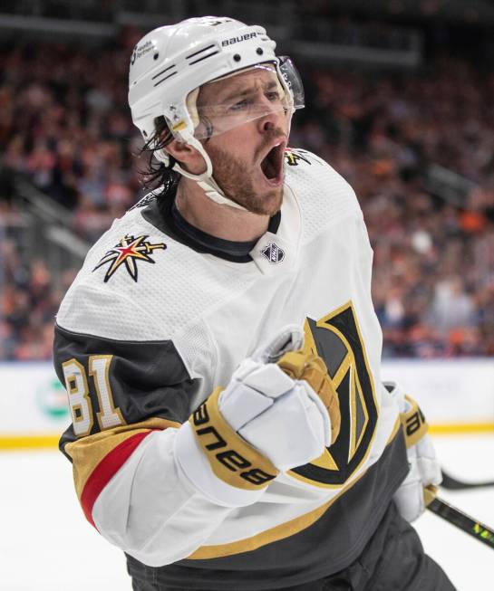 Vegas Golden Knights' Jonathan Marchessault (81) celebrates after his goal against the Edmonton ...