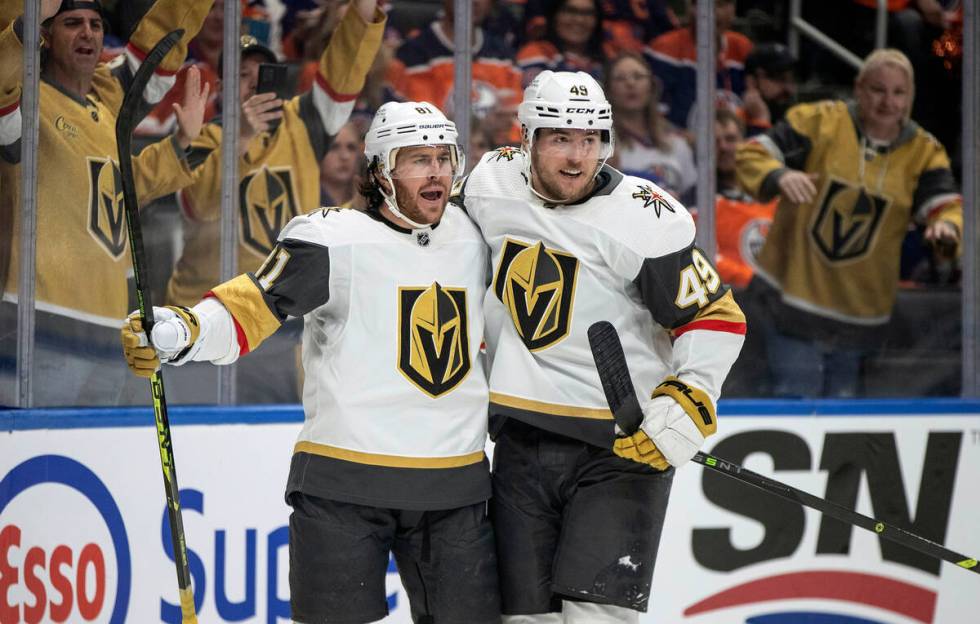 Vegas Golden Knights' Jonathan Marchessault (81) celebrates after his goal against the Edmonton ...