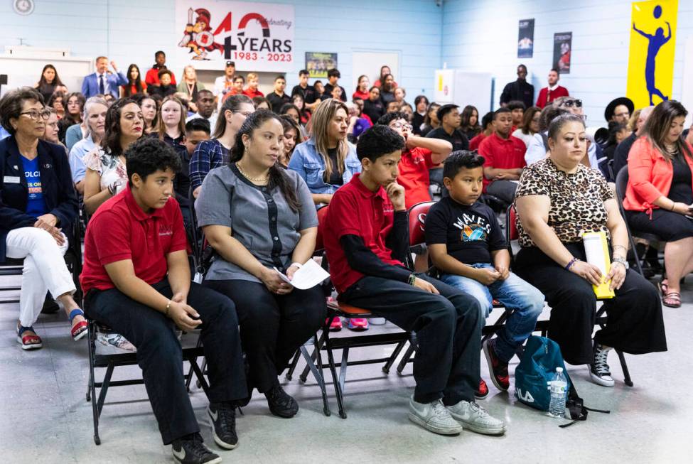 Students at Mountain View Christian School and their parents listen as Gov. Joe Lombardo speaks ...