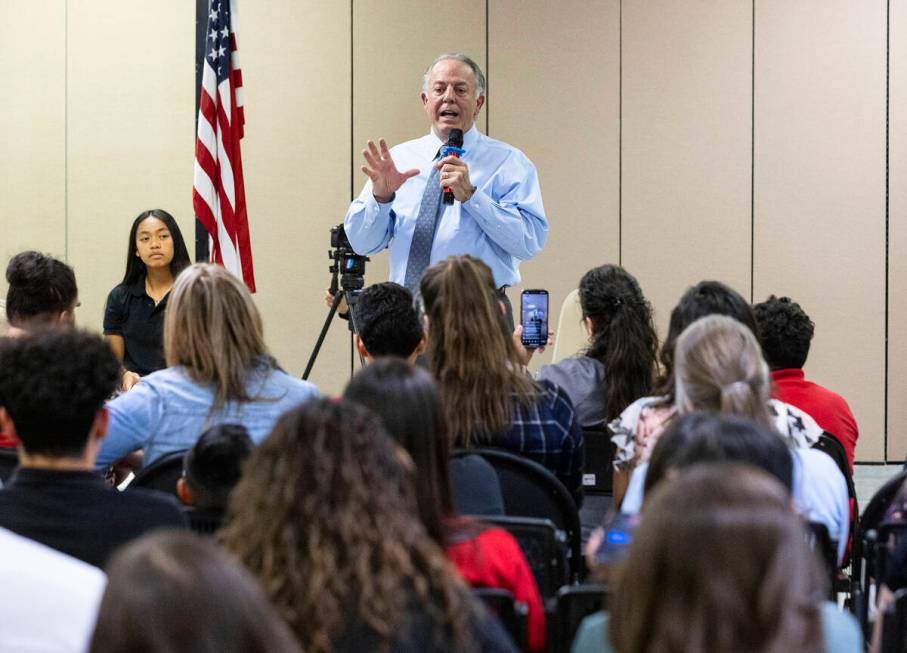 Students at Mountain View Christian School and their parents listen as Gov. Joe Lombardo speaks ...