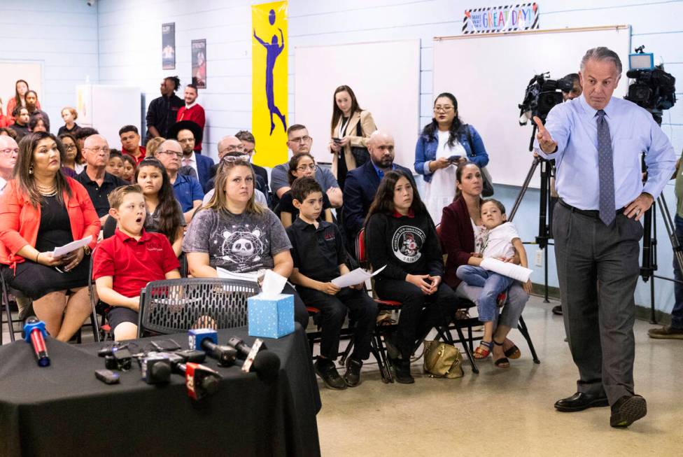 Students at Mountain View Christian School and their parents listen as Gov. Joe Lombardo speaks ...