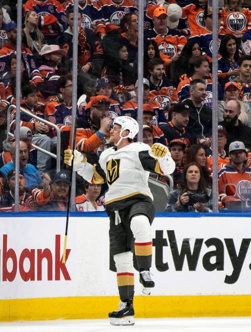 Vegas Golden Knights' Jack Eichel (9) celebrates after his goal against the Edmonton Oilers dur ...