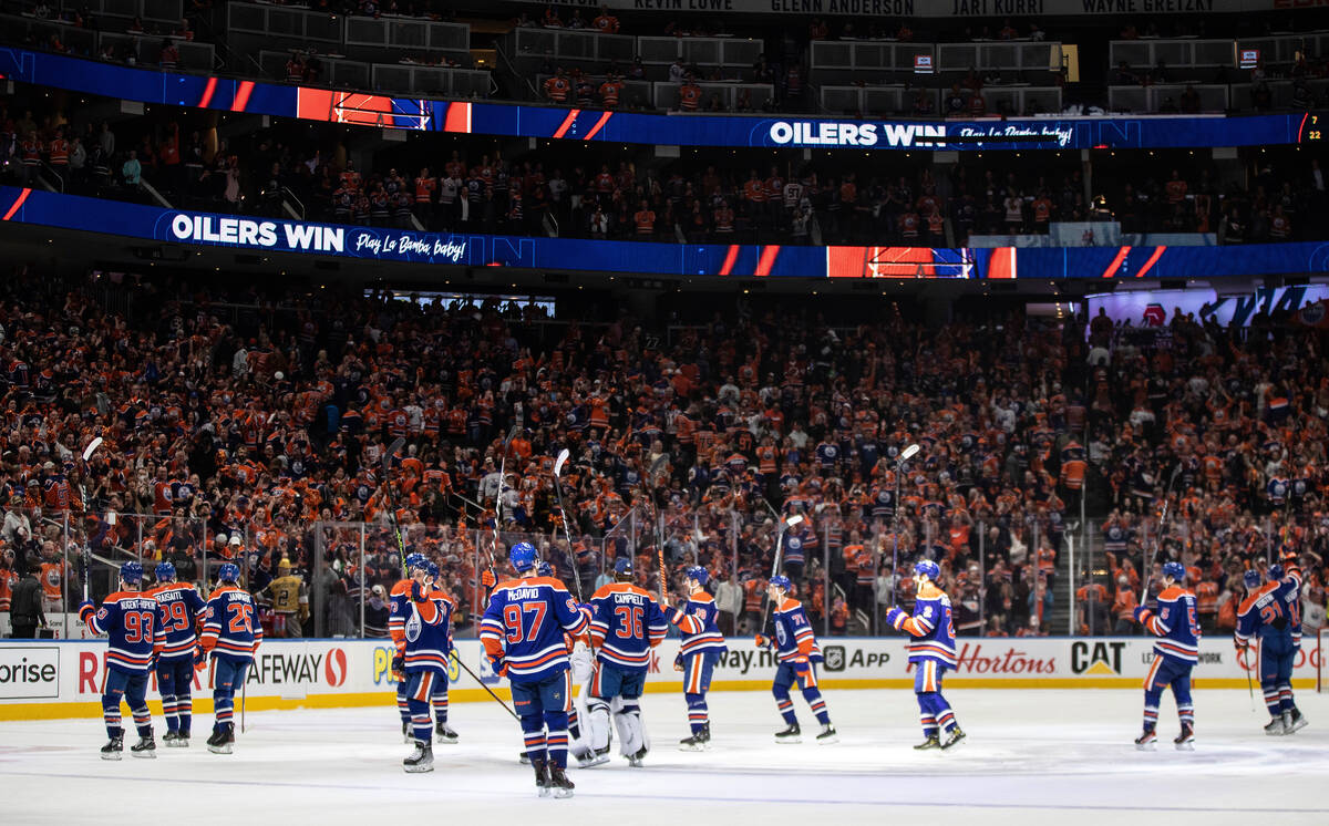 Edmonton Oilers celebrate a win over the Vegas Golden Knights in Game 4 of an NHL hockey second ...