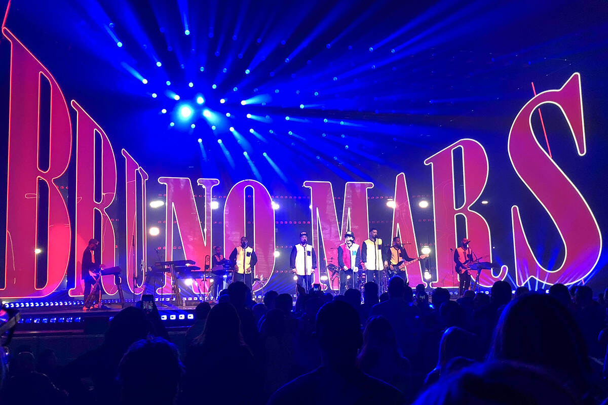 A look at Bruno Mars' stage during his performance at Park Theater on Dec. 30, 2017. Mars has s ...