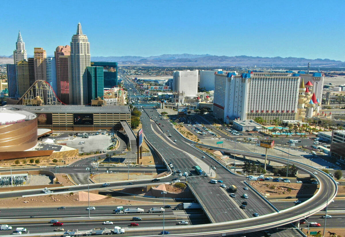 An aerial view of Tropicana Avenue and Interstate 15 in Las Vegas, Nevada Tuesday, February 18, ...