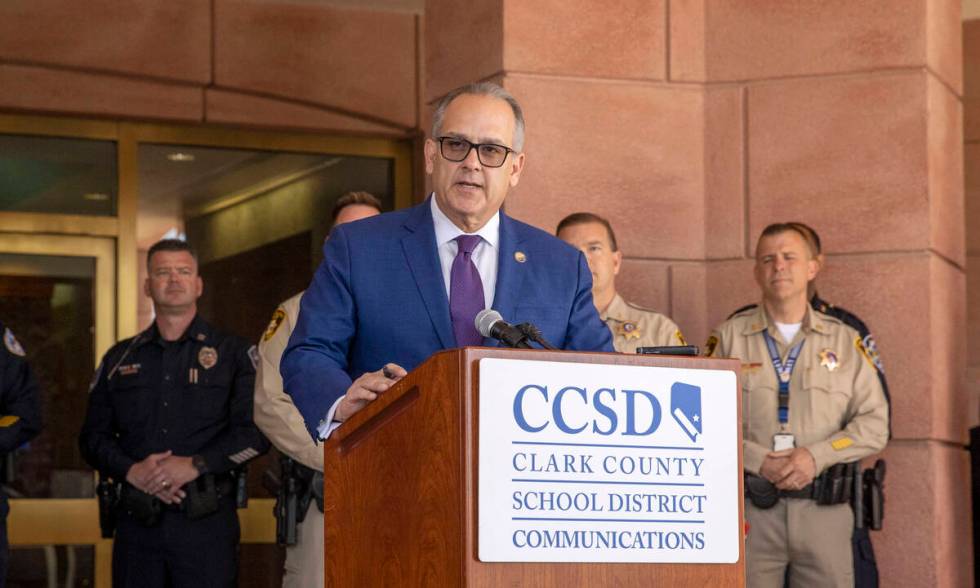 Clark County School District Superintendent Dr. Jesus Jara speaks from the podium during a news ...