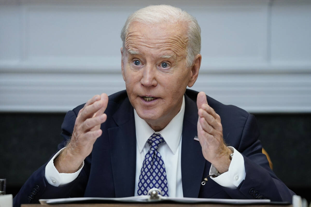 FILE - President Joe Biden speaks during a meeting with his "Investing in America Cabinet, ...