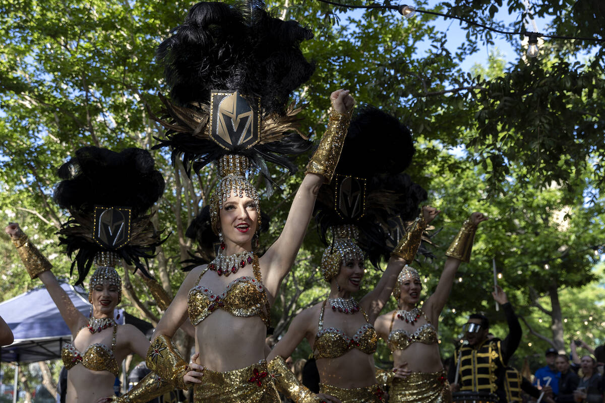 The Vegas Belles parade toward T-Mobile Arena before Game 5 of an NHL hockey Stanley Cup second ...