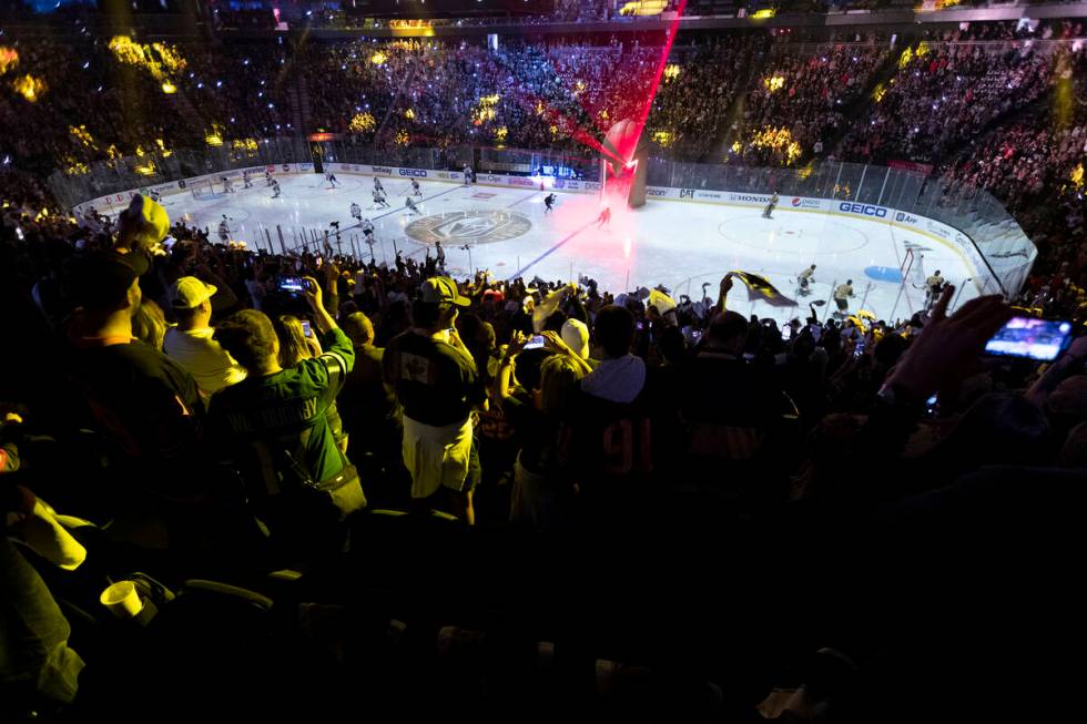 The Golden Knights take the ice during the first period in Game 5 of an NHL hockey Stanley Cup ...