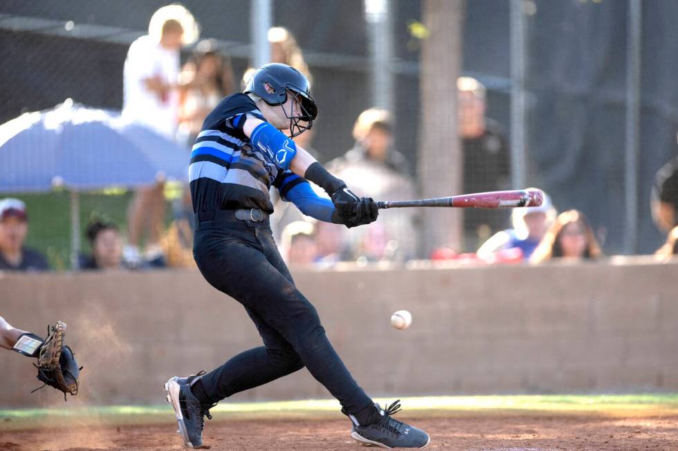 Basic’s Randall Riley swings to strike out during a high school Class 5A Southern Region ...