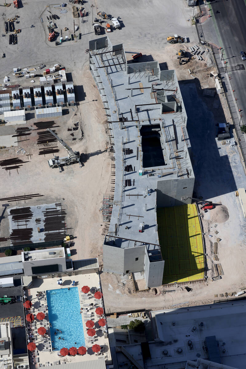 Atomic Golf is shown under construction on the north side of the Strat in Las Vegas Thursday, M ...