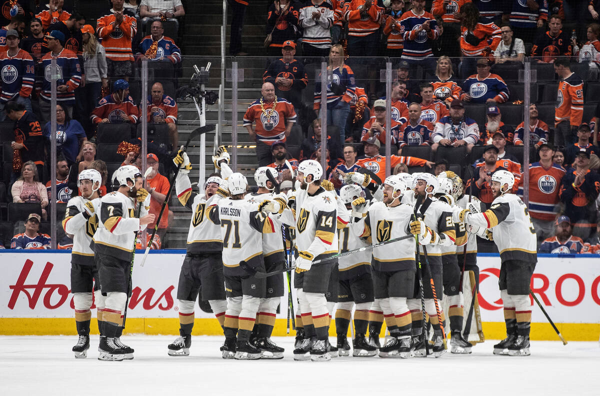 Vegas Golden Knights celebrate their win over the Edmonton Oilers in Game 6 of an NHL Stanley C ...