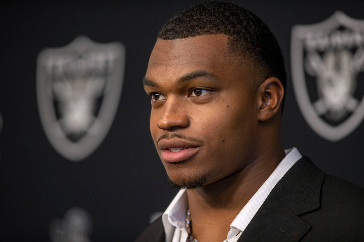 Raiders defensive end Tyree Wilson speaks during his introductory news conference at the Interm ...