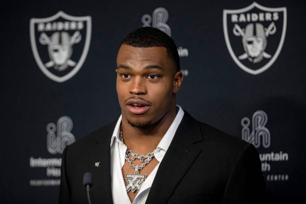 Raiders defensive end Tyree Wilson speaks during his introductory news conference at the Interm ...