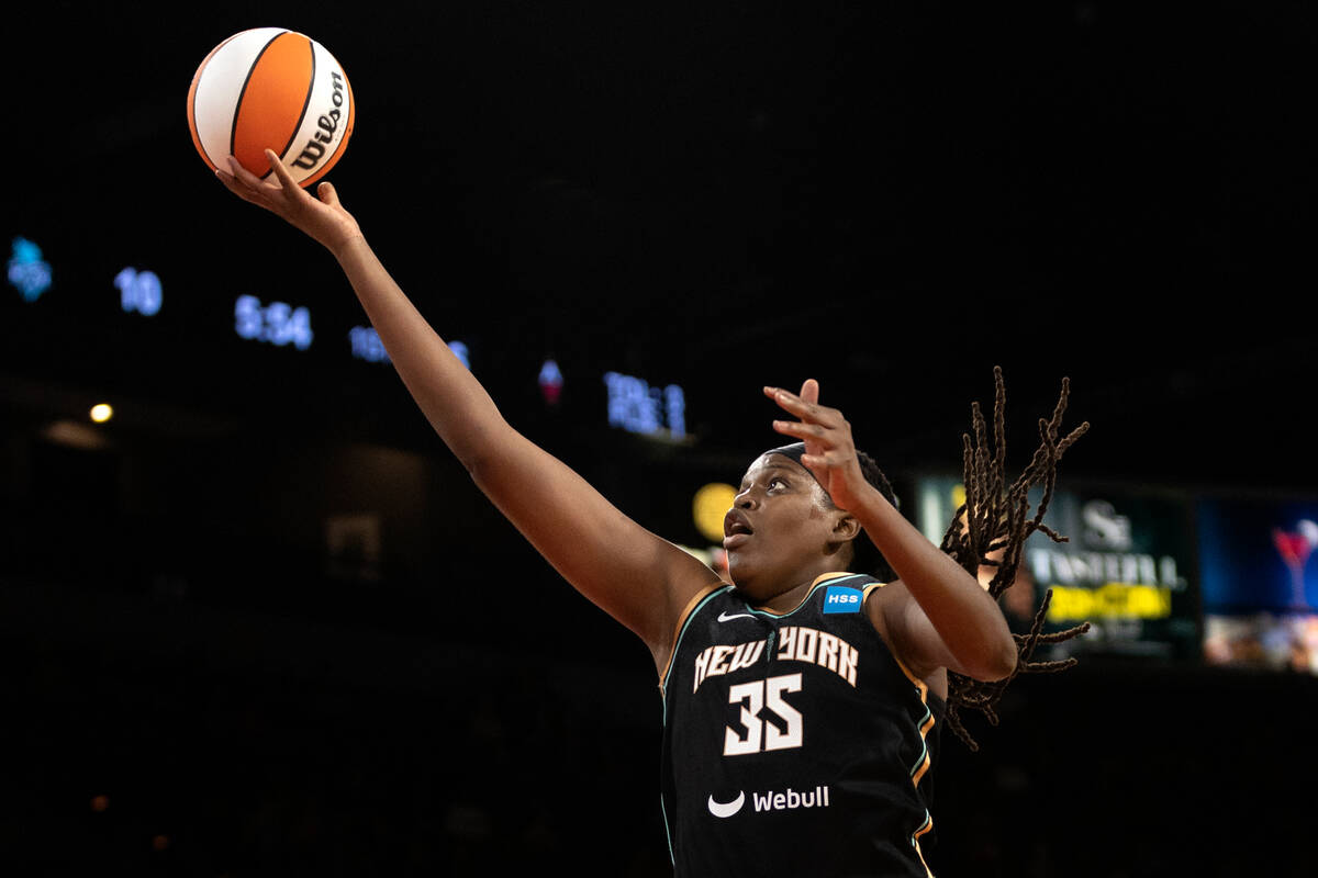 New York Liberty forward Jonquel Jones (35) shoots during the first half of a WNBA preseason ba ...