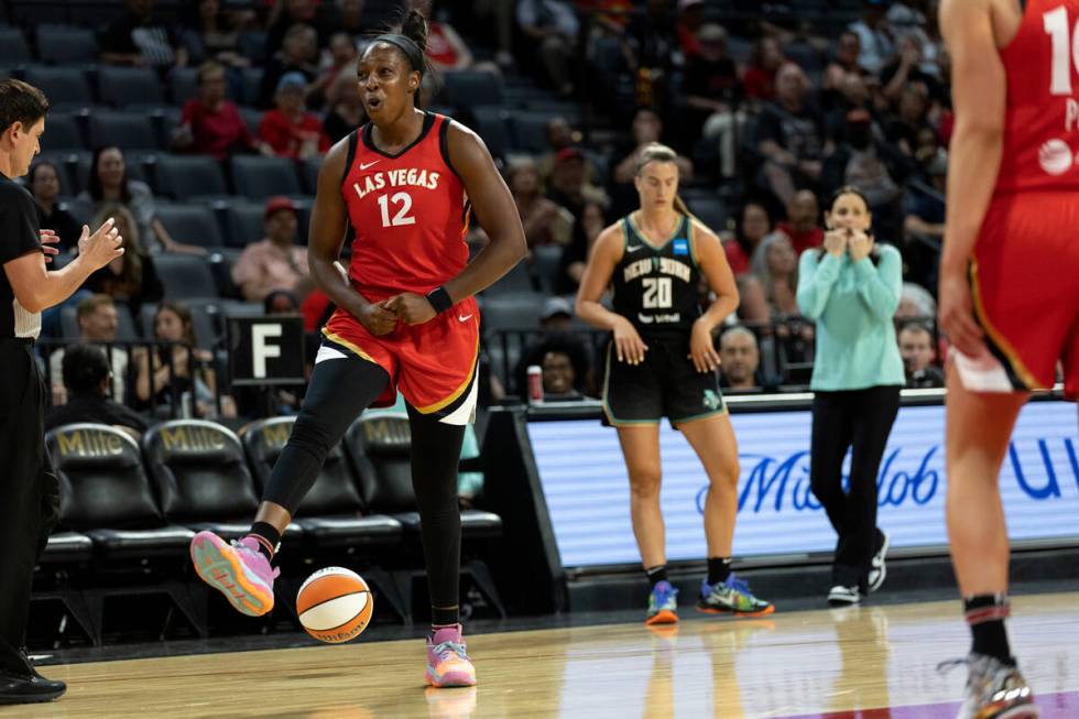 Aces guard Chelsea Gray (12) reacts after referees called a foul on her during the first half o ...