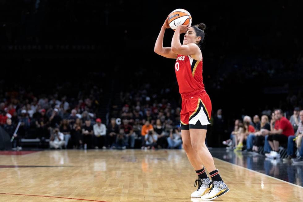 Aces guard Kelsey Plum (10) shoots during the second half of a WNBA preseason basketball game a ...