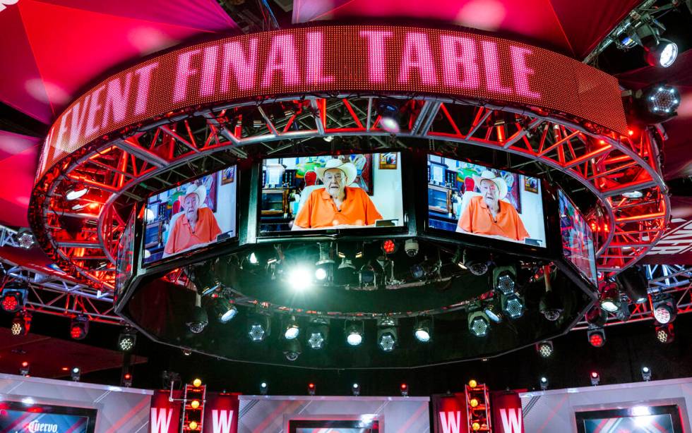 Legendary poker player Doyle Brunson gives a remote welcome to all during final table play at t ...