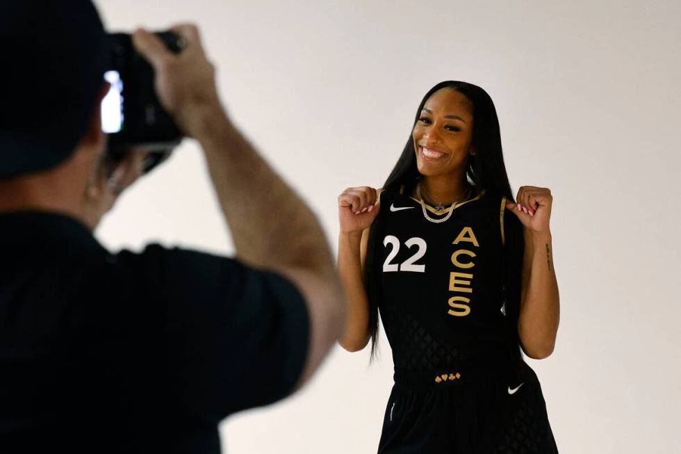 Las Vegas Aces forward A'ja Wilson poses for a photo during their media day, Monday, May 15, 20 ...