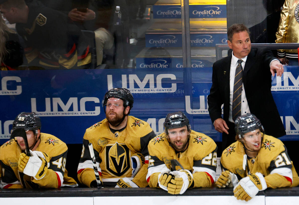 Golden Knights head coach Bruce Cassidy gestures during the third period of Game 1 of an NHL ho ...