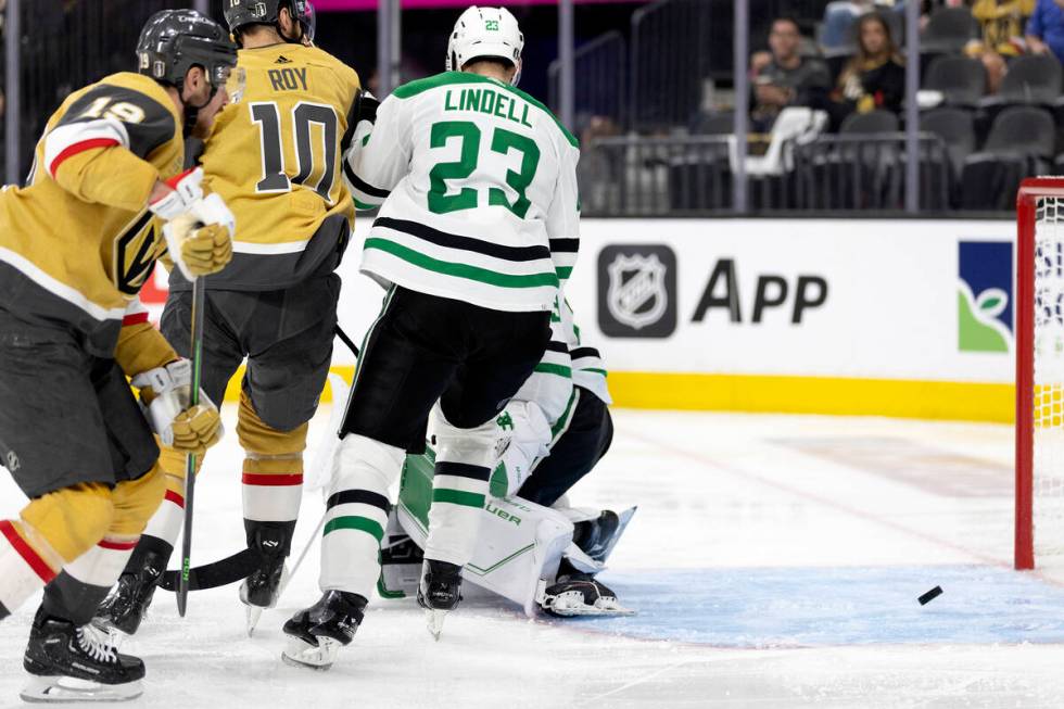 A Golden Knights center William Karlsson, out of frame, shot gets past Dallas Stars goaltender ...