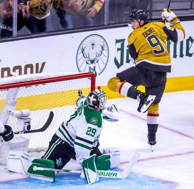 Golden Knights center Jack Eichel (9) catches some air after a near score against Dallas Stars ...