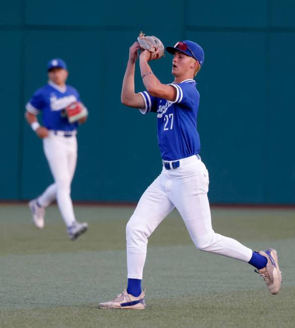 Bishop Gorman High's outfielder Nolan Eberwein catches the ball during Class 5A baseball state ...